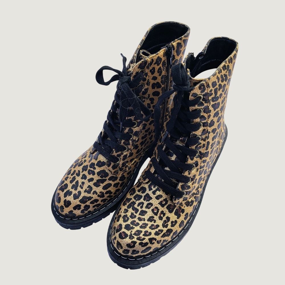 Top Moda Korri 3 Women 8.5 Leopard Glitter Combat Boots Side Zip Lug‎ Sole NWOT